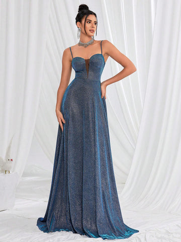 Sexy Blue Starry Sky Ball Gown Dress With Spaghetti Straps And High Split