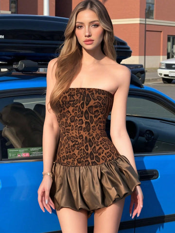 Sexy Cold-Shoulder Puff Floral Tube Dress With Leopard Print