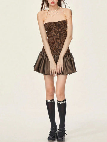 Sexy Cold-Shoulder Puff Floral Tube Dress With Leopard Print