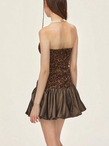 Sexy Cold-Shoulder Puff Floral Tube Dress With Leopard Print