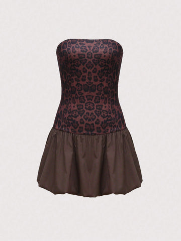 Sexy Cold-Shoulder Puff Floral Tube Dress With Leopard Print