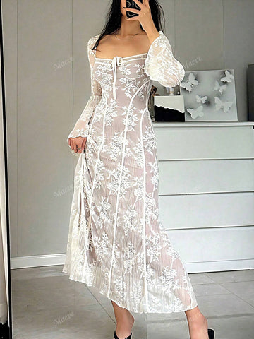 Sexy Fashionable Mermaid Style Lace Trim Lace-Up Square Neck Dress