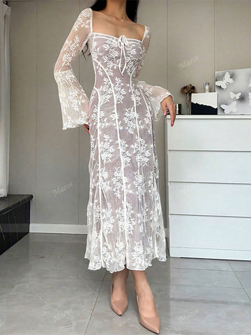 Sexy Fashionable Mermaid Style Lace Trim Lace-Up Square Neck Dress