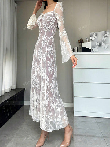 Sexy Fashionable Mermaid Style Lace Trim Lace-Up Square Neck Dress