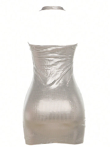 Sexy Figure-Hugging Halter Neck Rhinestone Decor Bodycon Dress