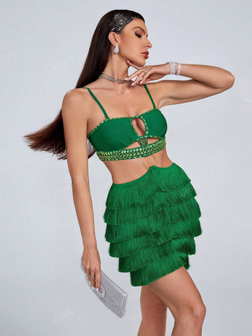 Sexy Lace-Up Backless Tassel Spaghetti Strap Mini Dress