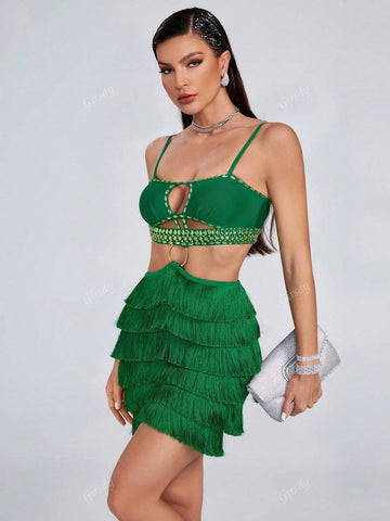 Sexy Lace-Up Backless Tassel Spaghetti Strap Mini Dress