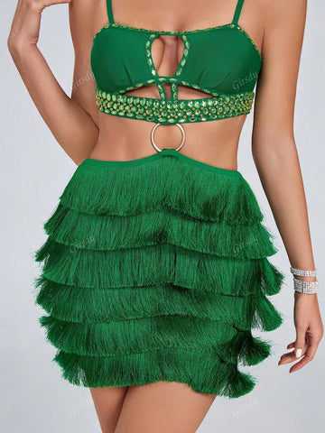 Sexy Lace-Up Backless Tassel Spaghetti Strap Mini Dress