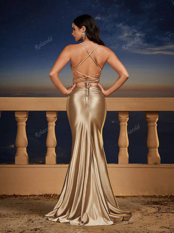 Sexy Lace Trimmed Strappy Backless Mermaid Dress, Bridesmaid Dress