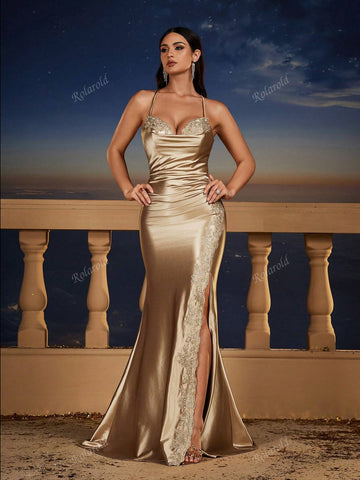 Sexy Lace Trimmed Strappy Backless Mermaid Dress, Bridesmaid Dress