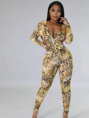 Sexy Leopard Print Backless Jumpsuit With Hood