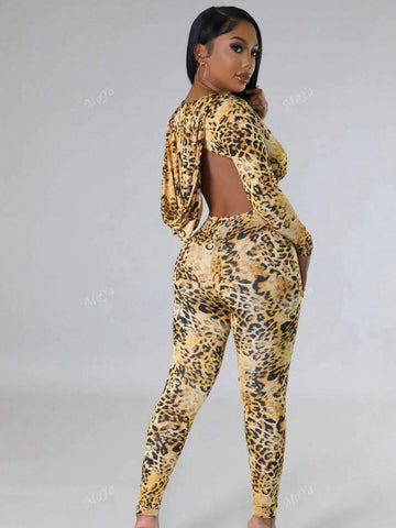 Sexy Leopard Print Backless Jumpsuit With Hood