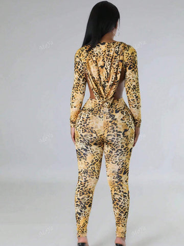 Sexy Leopard Print Backless Jumpsuit With Hood