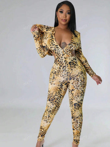 Sexy Leopard Print Backless Jumpsuit With Hood