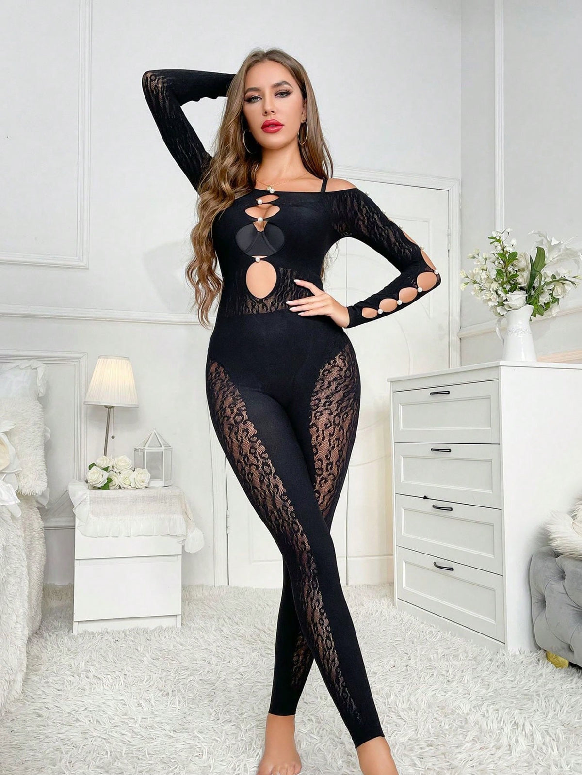 Sexy Leopard Print Mesh Jumpsuit With Long Sleeves