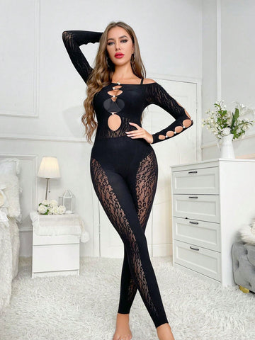 Sexy Leopard Print Mesh Jumpsuit With Long Sleeves