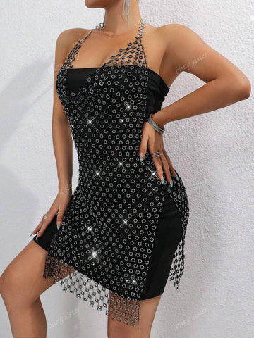 Sexy Nightclub Party Rhinestoned Halter Semi-Sheer Mini Dress, Flower Mesh Backless Slit Hem Short Dress