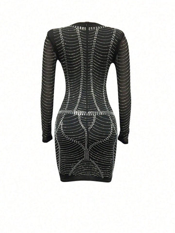 Sexy Nightclub Sheer Mesh Long Sleeve Bodycon Dress Embellished With Rhinestones