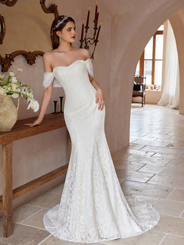 Sexy Off-Shoulder Unique Sleeve Mermaid Wedding Dress With Elegant Lace Fabric For Bridal Gown