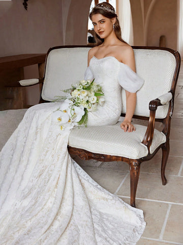 Sexy Off-Shoulder Unique Sleeve Mermaid Wedding Dress With Elegant Lace Fabric For Bridal Gown