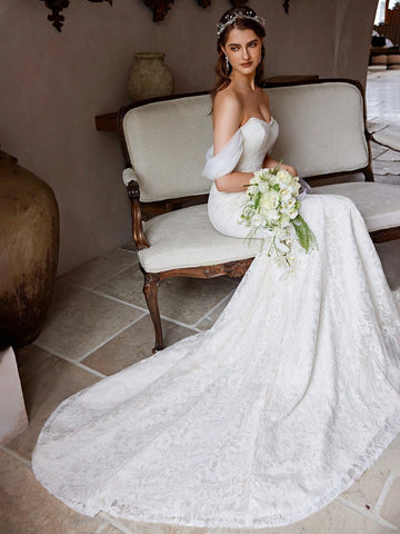 Sexy Off-Shoulder Unique Sleeve Mermaid Wedding Dress With Elegant Lace Fabric For Bridal Gown