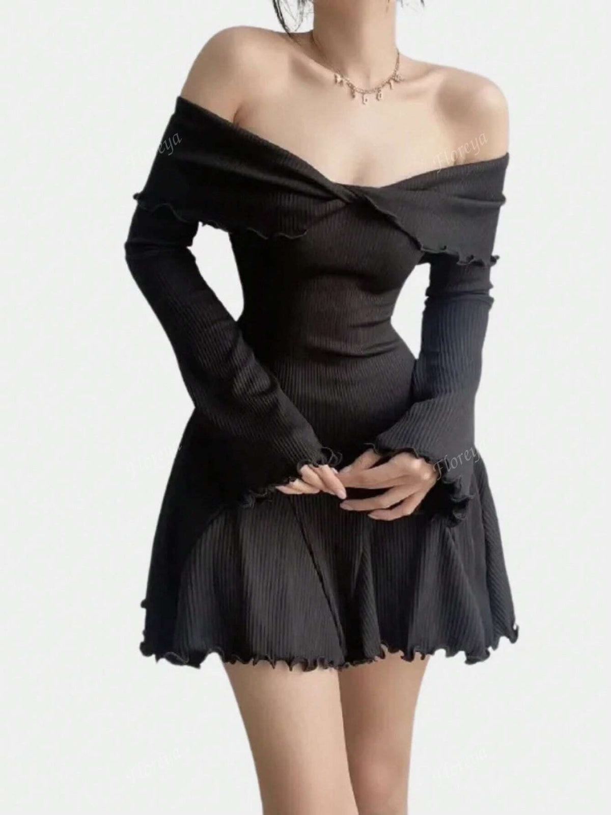 Sexy Off The Shoulder Cross V-Neck Long Sleeve Fitted Waist A-Line Mini Dress