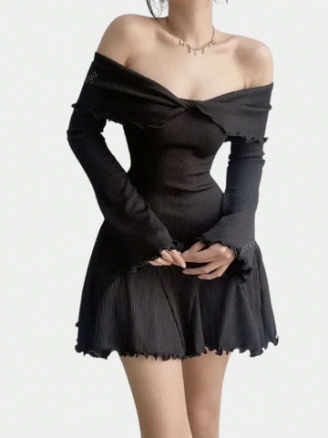 Sexy Off The Shoulder Cross V-Neck Long Sleeve Fitted Waist A-Line Mini Dress
