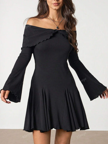 Sexy Off The Shoulder Cross V-Neck Long Sleeve Fitted Waist A-Line Mini Dress