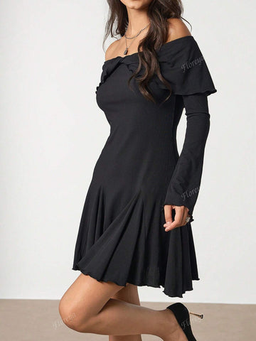 Sexy Off The Shoulder Cross V-Neck Long Sleeve Fitted Waist A-Line Mini Dress