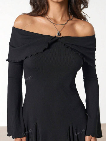 Sexy Off The Shoulder Cross V-Neck Long Sleeve Fitted Waist A-Line Mini Dress