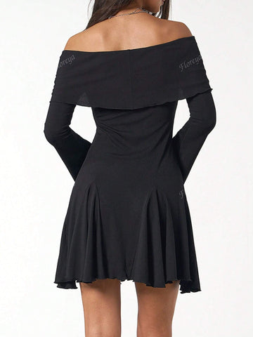 Sexy Off The Shoulder Cross V-Neck Long Sleeve Fitted Waist A-Line Mini Dress
