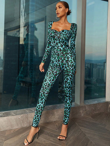 Sexy Retro Square Neck Leopard Print Slim Long Sleeve Jumpsuit Woman