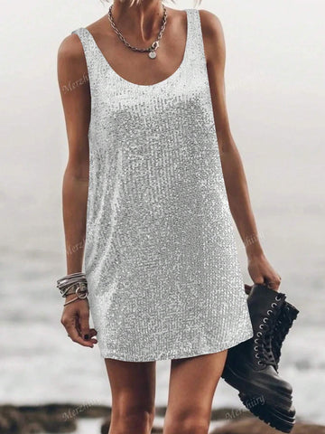 Sexy Sequin V-Neck Sleeveless Dress And Mini Skirt, New European And American Style Ladies Summer Fashion
