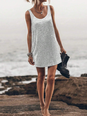 Sexy Sequin V-Neck Sleeveless Dress And Mini Skirt, New European And American Style Ladies Summer Fashion