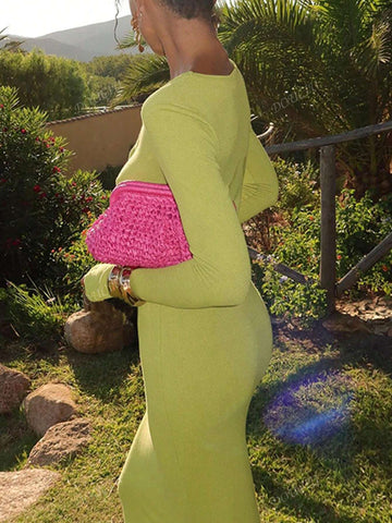 Sexy Slim Fitting Solid Color V-Neck Long Sleeve Dress, Stylish Street Chic