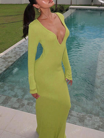 Sexy Slim Fitting Solid Color V-Neck Long Sleeve Dress, Stylish Street Chic