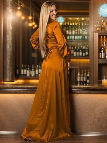 Sexy Solid Color Women's Deep V-Neck Tie Detail Long Sleeve High Slit Dress