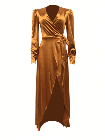 Sexy Solid Color Women's Deep V-Neck Tie Detail Long Sleeve High Slit Dress