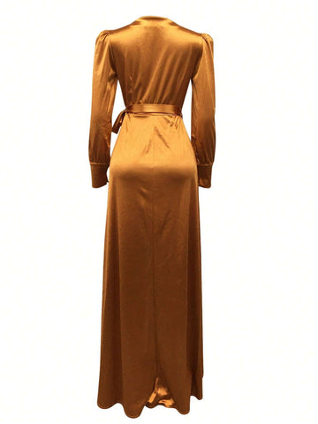 Sexy Solid Color Women's Deep V-Neck Tie Detail Long Sleeve High Slit Dress