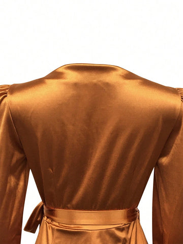 Sexy Solid Color Women's Deep V-Neck Tie Detail Long Sleeve High Slit Dress