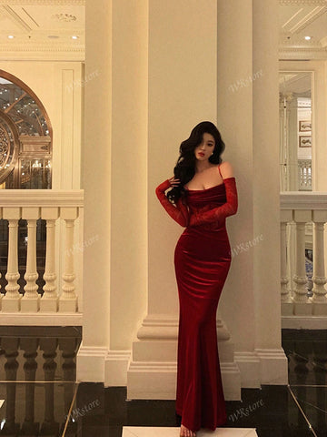 Sexy Spaghetti Strap Velvet Contrast Lace Evening Gown