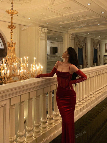 Sexy Spaghetti Strap Velvet Contrast Lace Evening Gown