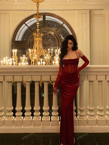 Sexy Spaghetti Strap Velvet Contrast Lace Evening Gown
