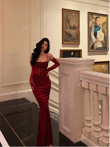 Sexy Spaghetti Strap Velvet Contrast Lace Evening Gown