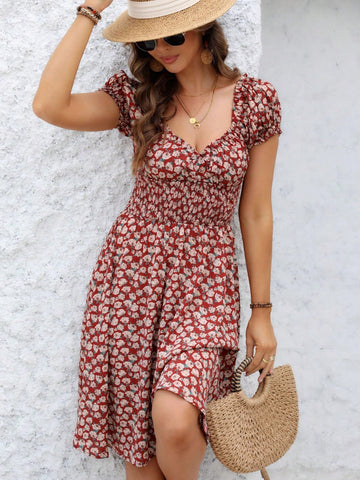 Sexy Sweetheart Neckline Backless Slim Fit A-Line Dress With Floral Print And Gathered Waist