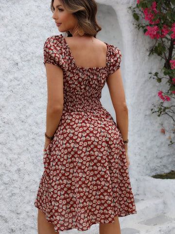 Sexy Sweetheart Neckline Backless Slim Fit A-Line Dress With Floral Print And Gathered Waist