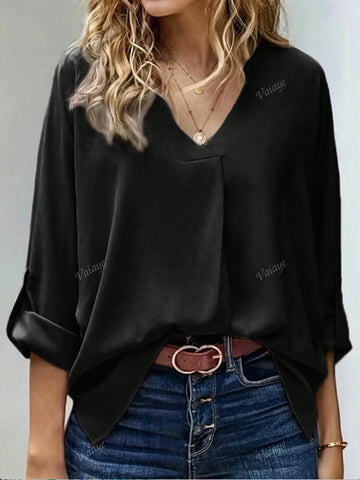 V-Neck Loose Plus Size Blouse, Fashionable Long Sleeve Top