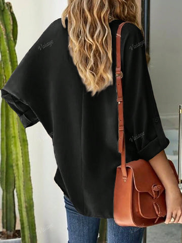 V-Neck Loose Plus Size Blouse, Fashionable Long Sleeve Top