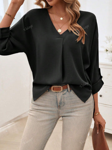 V-Neck Loose Plus Size Blouse, Fashionable Long Sleeve Top