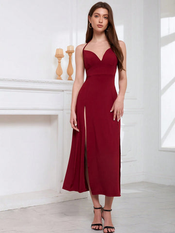Sexy V-Neck Spaghetti Strap Slit Dress